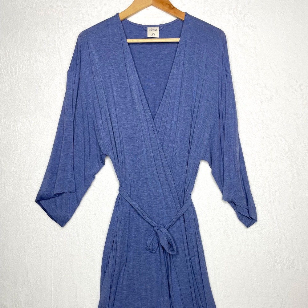 Soma Cool Nights Robe S/M Blue Knee Length Knit Intimates Elbow Sleeve Soft